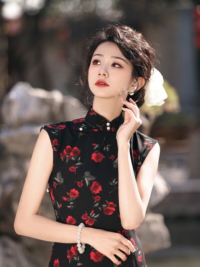 Eternal Blossom: Elegant Black Chinese Qipao Cheongsam Dress in Floral Chiffon