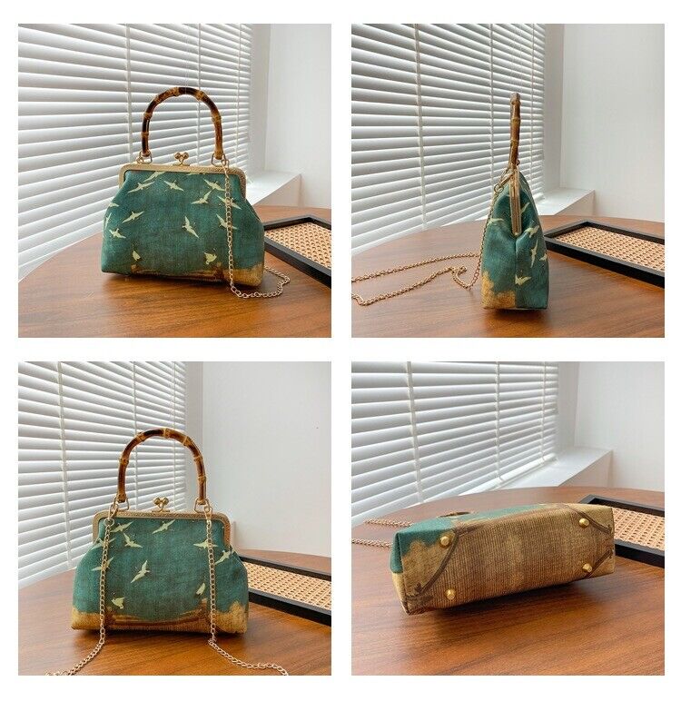 Crane Harmony: Chinese Song Dynasty Inspired Handbag with Bamboo Handle