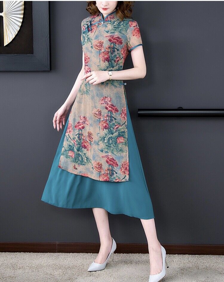 Luxurious Chinese Silk Floral Prints Green Faux 2-Piece Cheongsam Qipao Dress