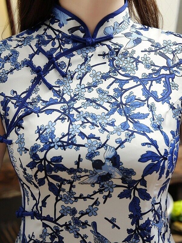 New Luxurious Satin Chinese Porcelain Blue Floral Prints Dress Cheongsam Qipao