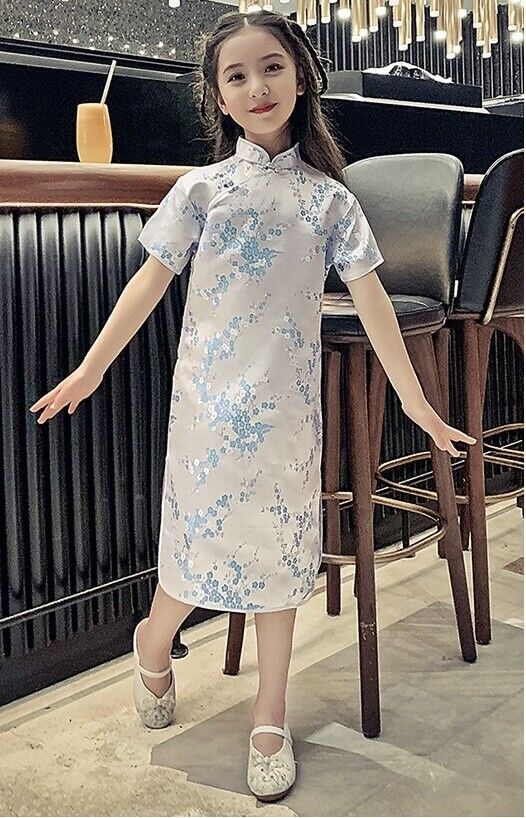 Childrens Girls Chinese Charming Blue Cherry Blossom Satin Qipao Cheongsam Dress