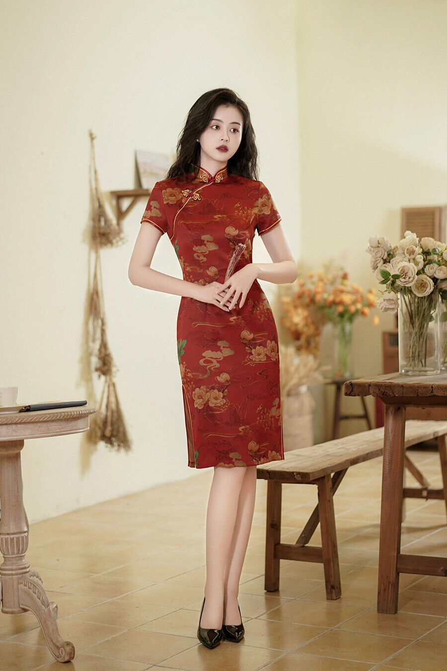 New Ladies Chinese China Red Golden Floral Prints Trim Dress Cheongsam Qipao