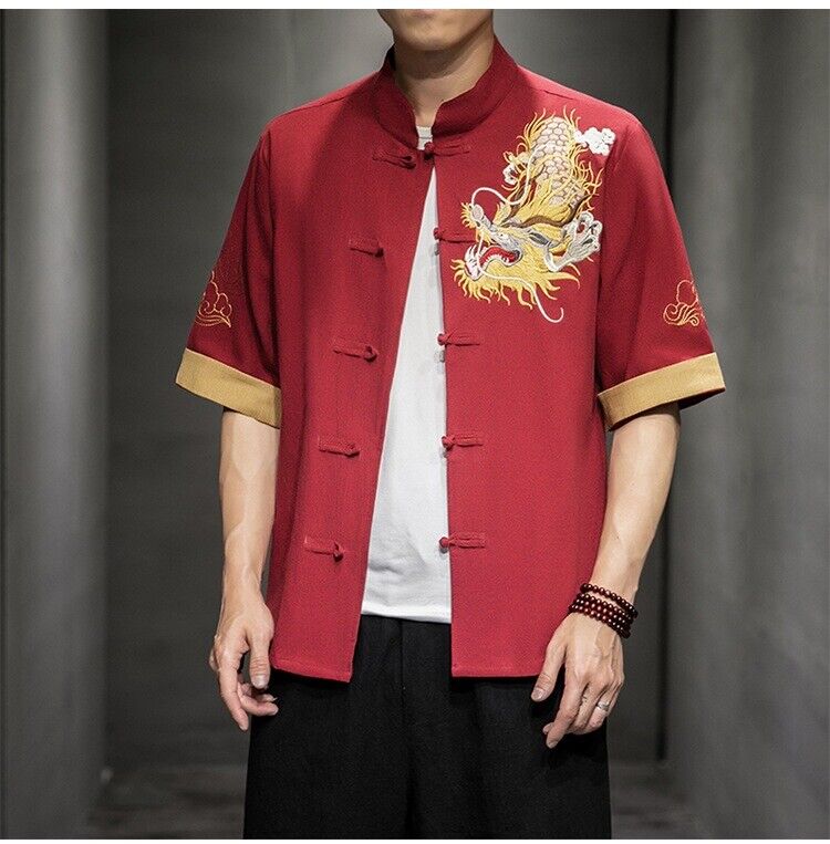 New Men's Traditional Chinese Style Shirt with Dragon Embroidery in China Red