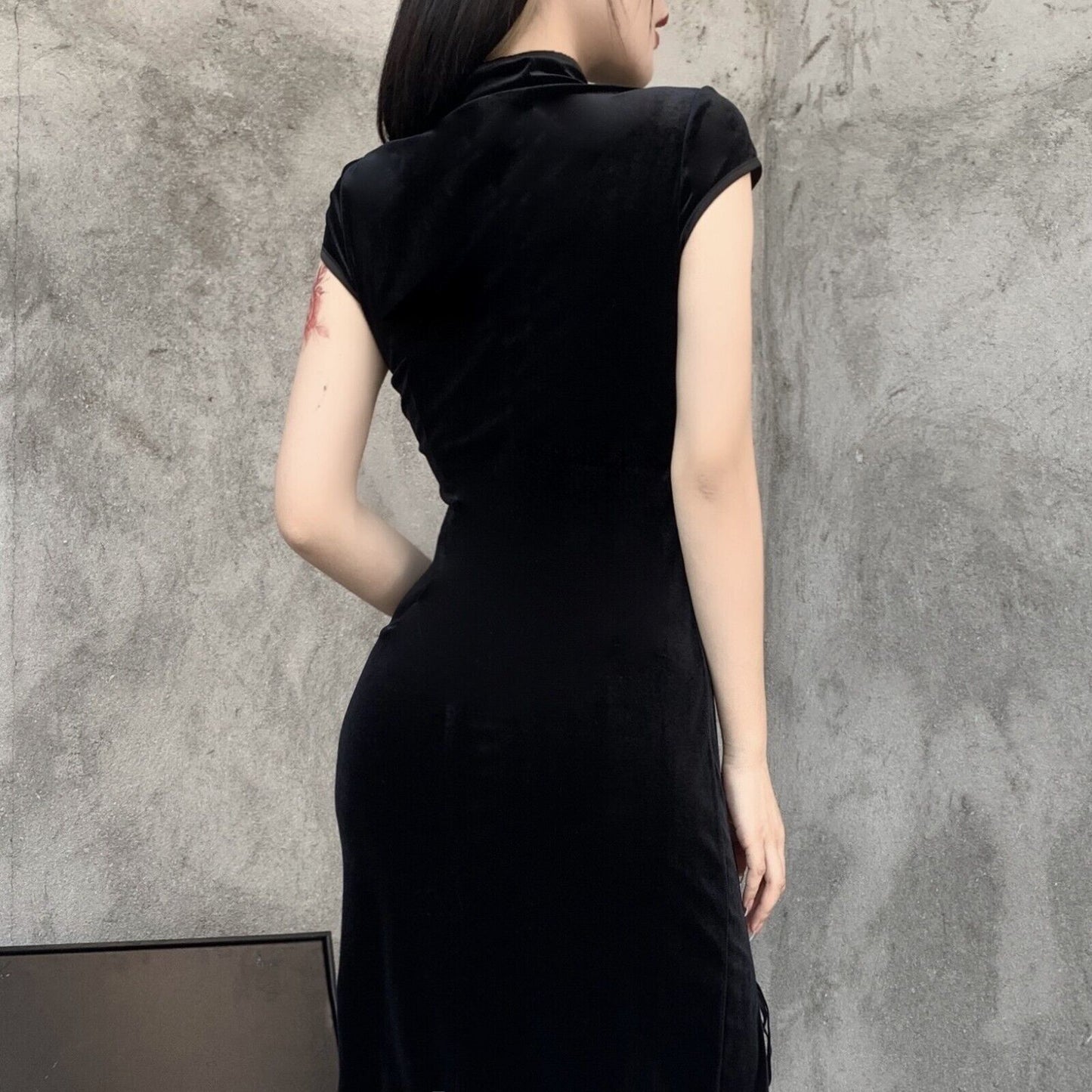 New Luxurious Chinese Gothic Black Velvet Long Cheongsam Qipao Dress lcdress321