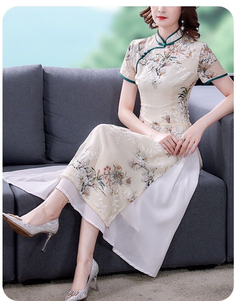 Luxurious Chinese Light Green Chiffon Floral Faux 2-Piece Cheongsam Qipao Dress