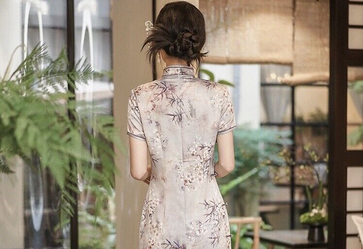 Ladies Chinese Misty Purple with Blossom Prints Lined Long Dress Cheongsam Qipao