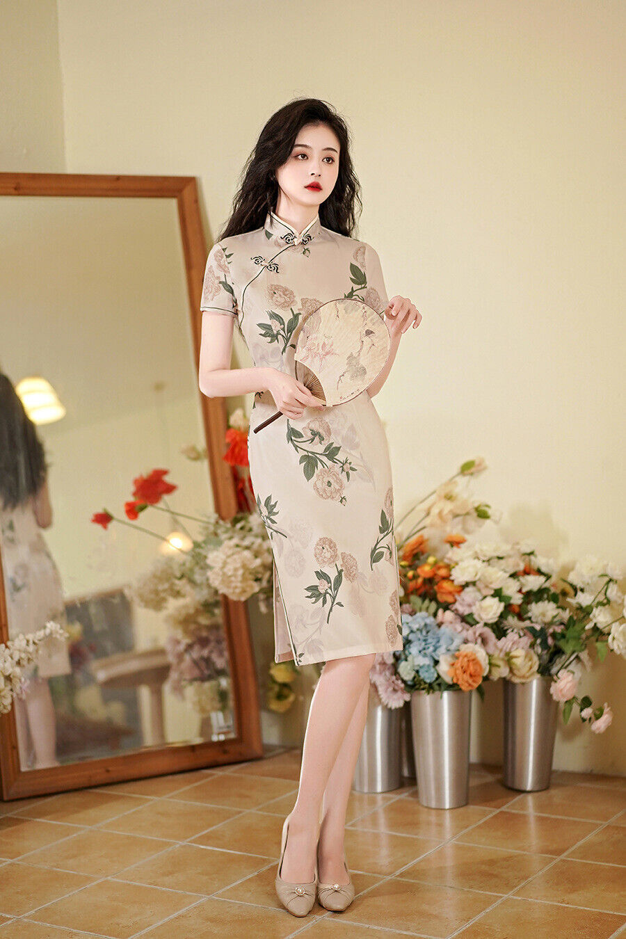 New Ladies Chinese Vintage Almond White Floral Prints Trim Dress Cheongsam Qipao