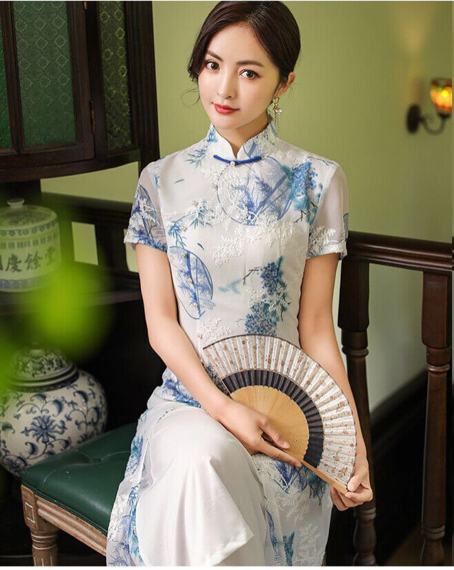 Ladies Blue Floral & Bamboo Prints Chinese Long Dress Cheongsam Qipao lcdress203