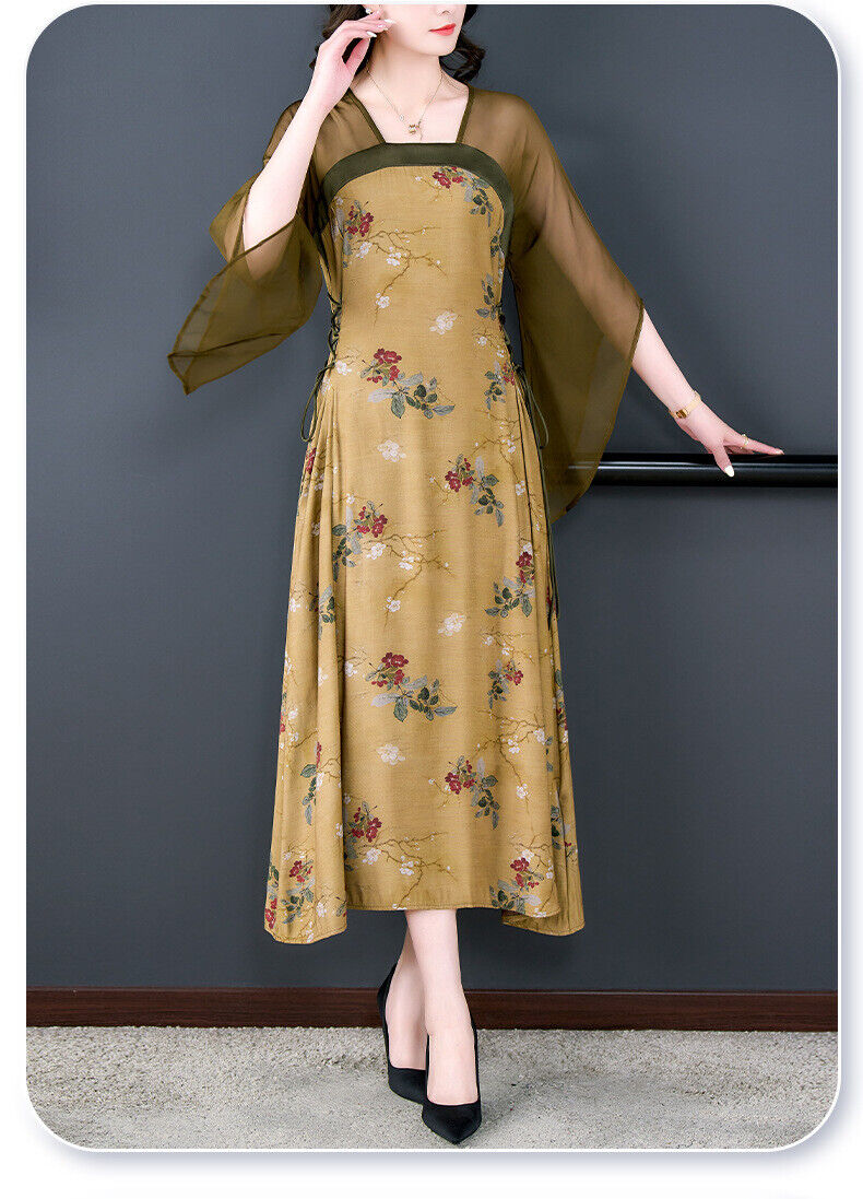 New Luxurious Chinese Oil Paint Ochre Tulle Floral Prints Cheongsam Qipao Dress