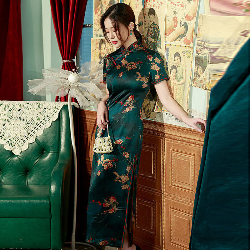 Luxurious Chinese Satin Forest Green Gold Blossom Long Cheongsam Qipao Dress