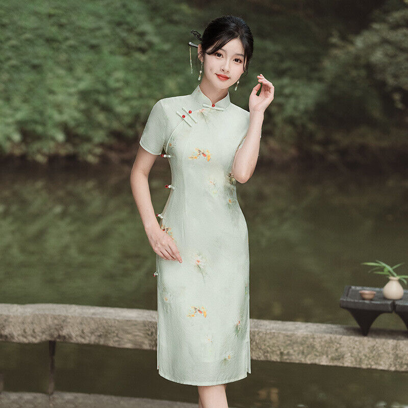 New Luxurious Satin Chinese Willow Green Floral Prints Dress Cheongsam Qipao