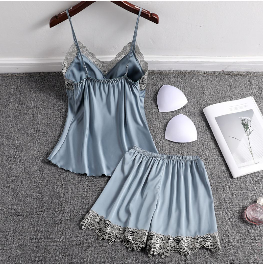 New Ladies Womens Satin Mist Blue Lace Vest Top and Shorts Pyjamas Set ladpj281