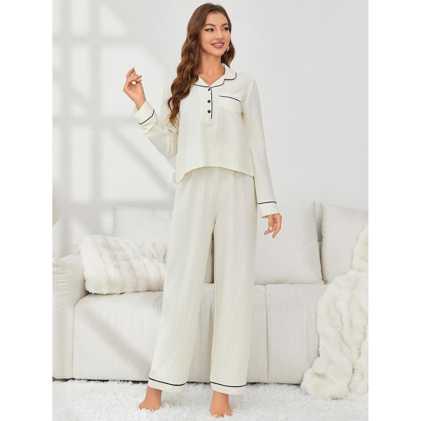 New Luxurious White Cotton Pyjama Set for Women - Comfy & Chic Sleepwear