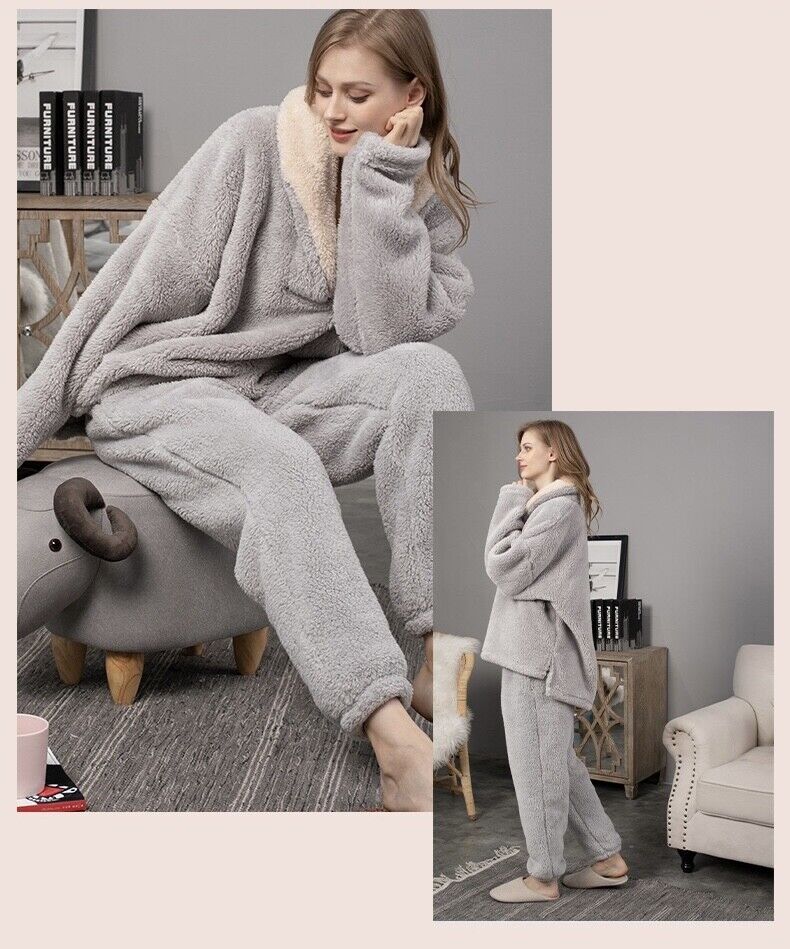 Ladies Luxurious Grey Fluffy Loungewear Pyjamas Set with Cosy Collar and Pockets