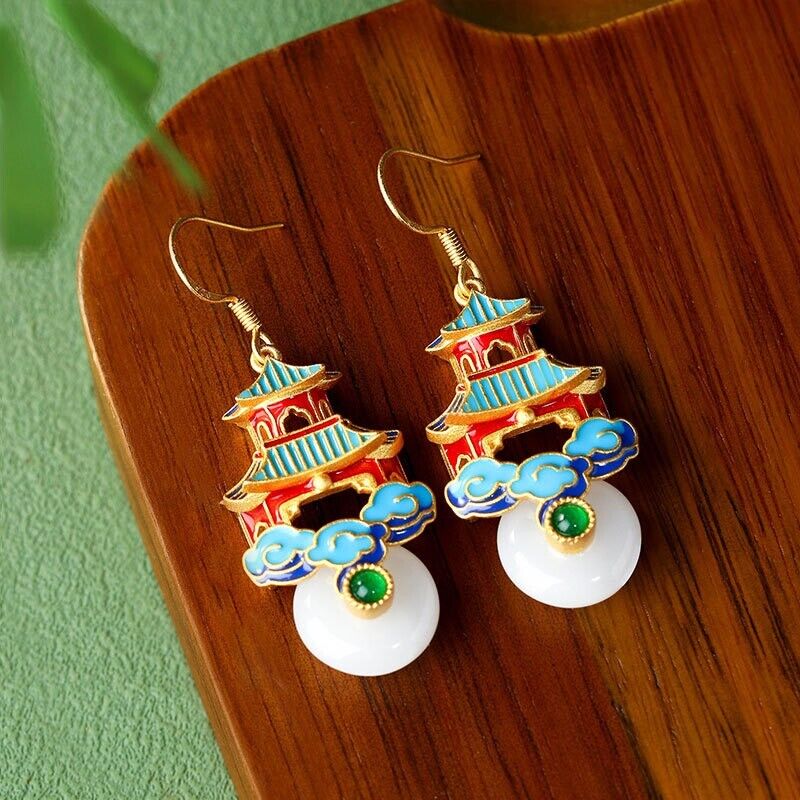 New Chinese Pagoda Inspired Earrings Colourful Enamel with White Jade and Green