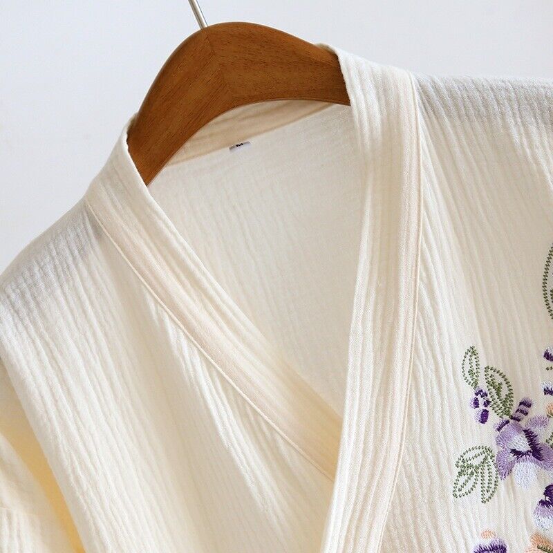 Ladies Japanese Ivory Kimono Dressing Gown with Embroidered Pear Tree Blossoms