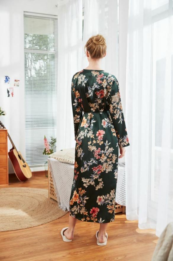 Luxurious Ladies Green Flower Prints Long Silky Dressing Gown Bath Robe ladpj246