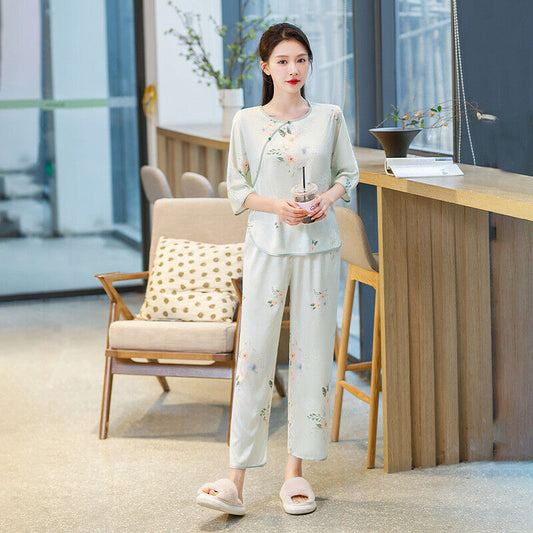 Elegant Chinese-Inspired Satin Serene Green Floral Printing Pyjama Set for Women