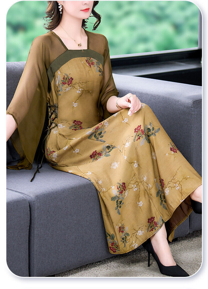 New Luxurious Chinese Oil Paint Ochre Tulle Floral Prints Cheongsam Qipao Dress