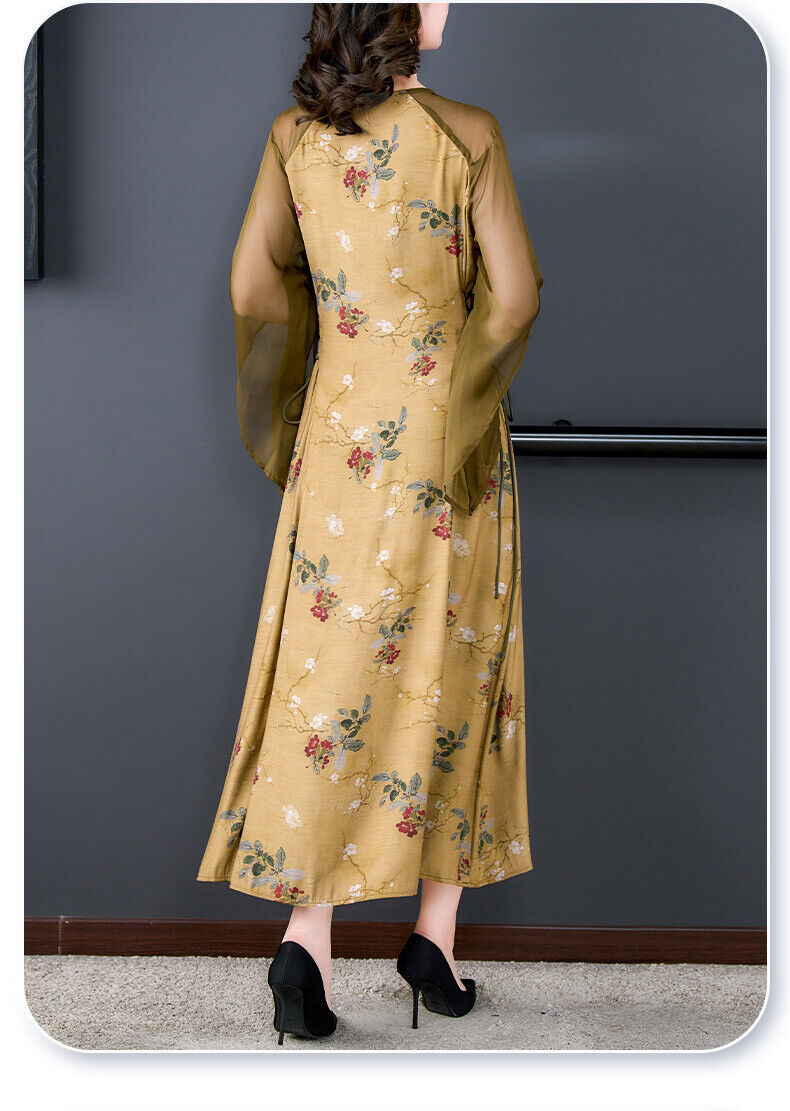 New Luxurious Chinese Oil Paint Ochre Tulle Floral Prints Cheongsam Qipao Dress