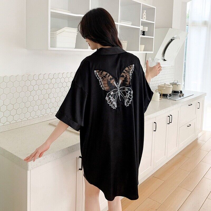 Elegant Womens Synthetic Silk Pyjama Set Long Shirt Style Top with Elastic Short