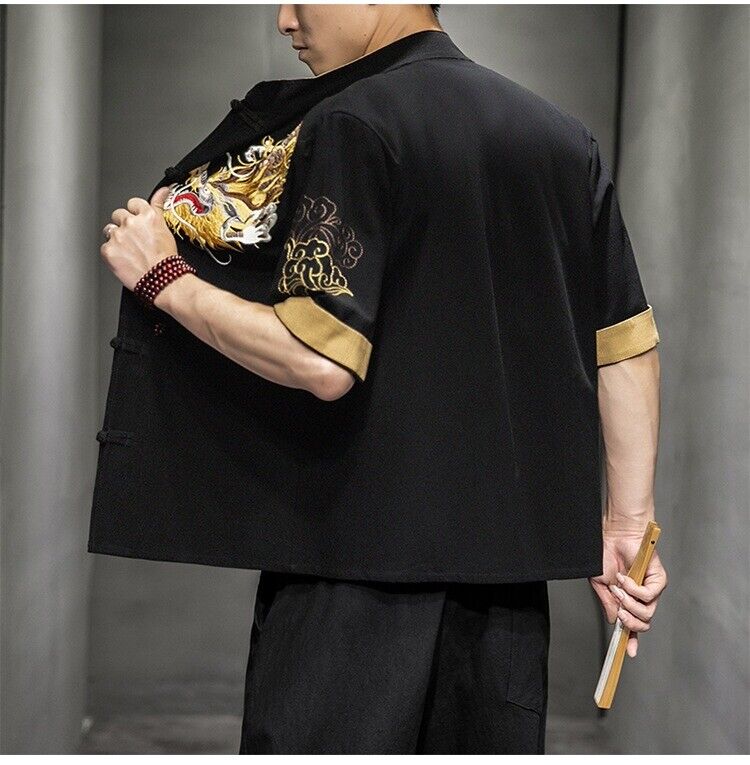 New Mens Traditional Chinese Style Shirt with Dragon Embroidery in Mystery Black