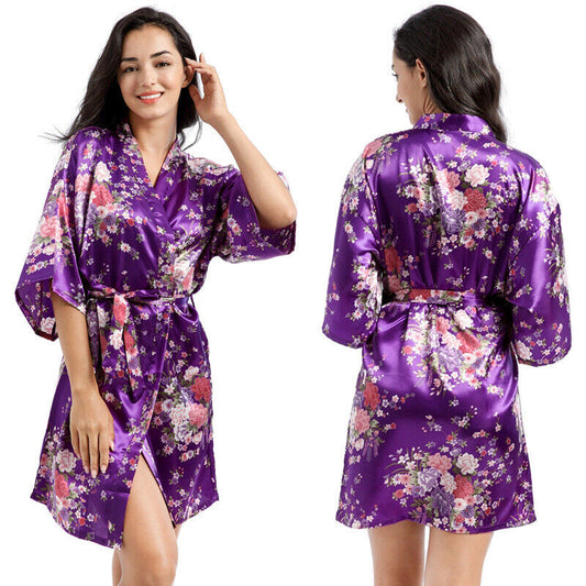 Elegant Japanese Chinese Satin Purple Floral Design Ladies Kimono Style Bathrobe