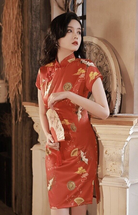 Elegant Red Chinese Satin Short Qipao Cheongsam Dress with Paradise Crane Prints