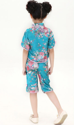 Chinese Japanese Blue Childrens Girls Floral Top & Trousers Set Pyjamas cgps5