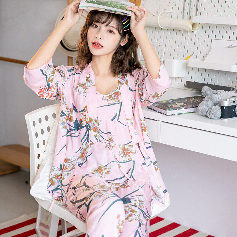 Pink Chinese Japanese White Orchids Cotton Long Ladies Kimono Pyjamas