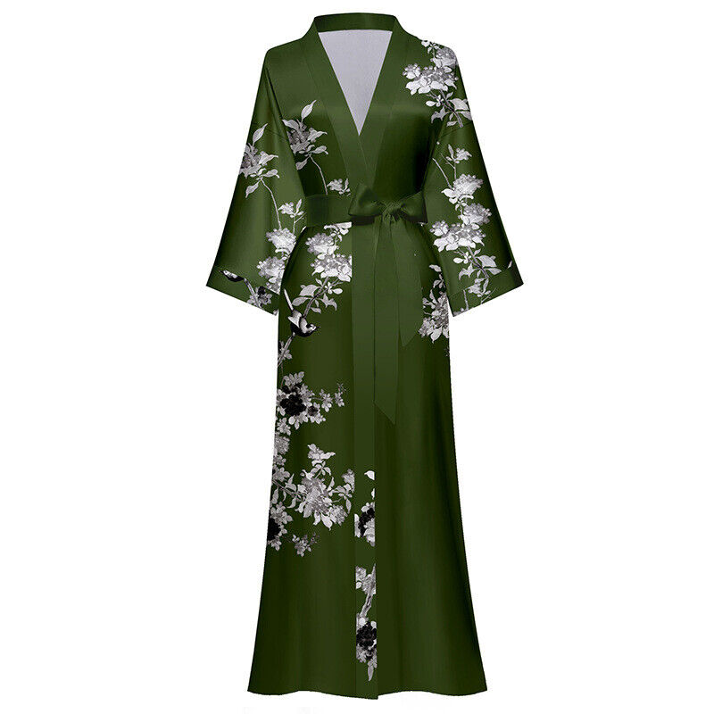 Elegant Ladies Moss Green Floral Chinese Japanese Kimono Long Nightgown Bathrobe