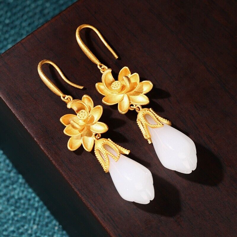 Chinese Hanfu Qipao Accessories Gold Plated Hetian Jade Lotus Flower Earrings