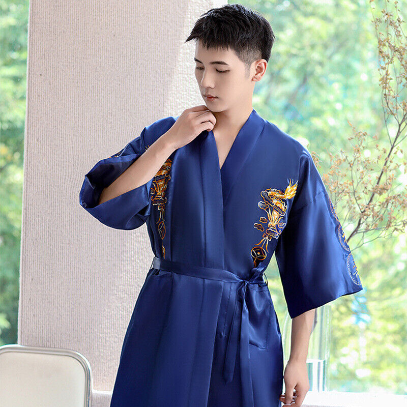 New Mens Royal Blue Satin Chinese Dragons Bathrobe Gown