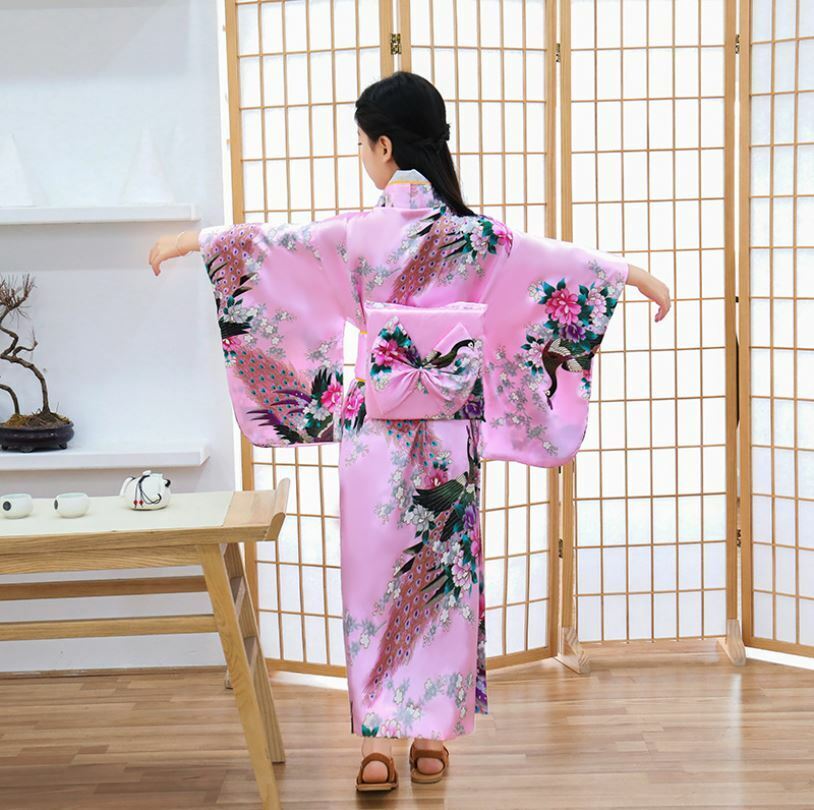 New Japanese Childrens Girls Pink with Flower Prints Long Kimono Outfit gjk5