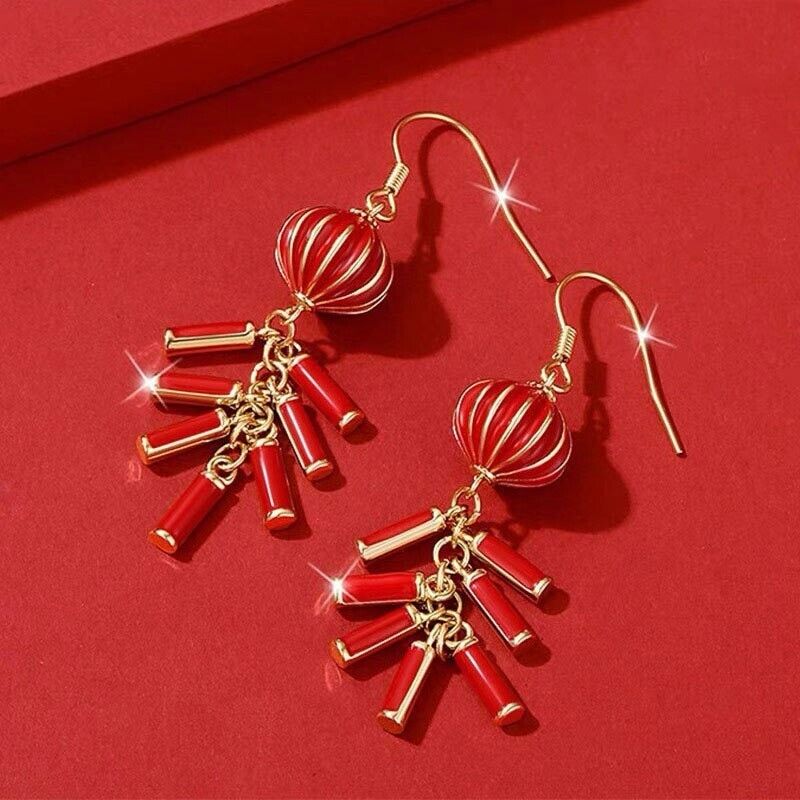 New Ladies Chinese Lucky Red Lantern and Fire Crackers Golden Dangle Earrings