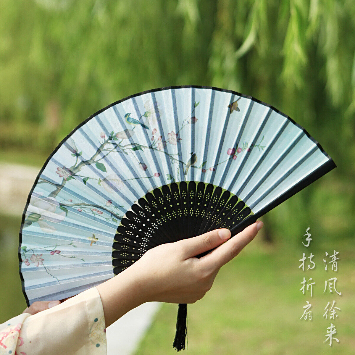 New Chinese Magnolia Flower Blossom and Birds Green Wooden Hand Fan ccfan215