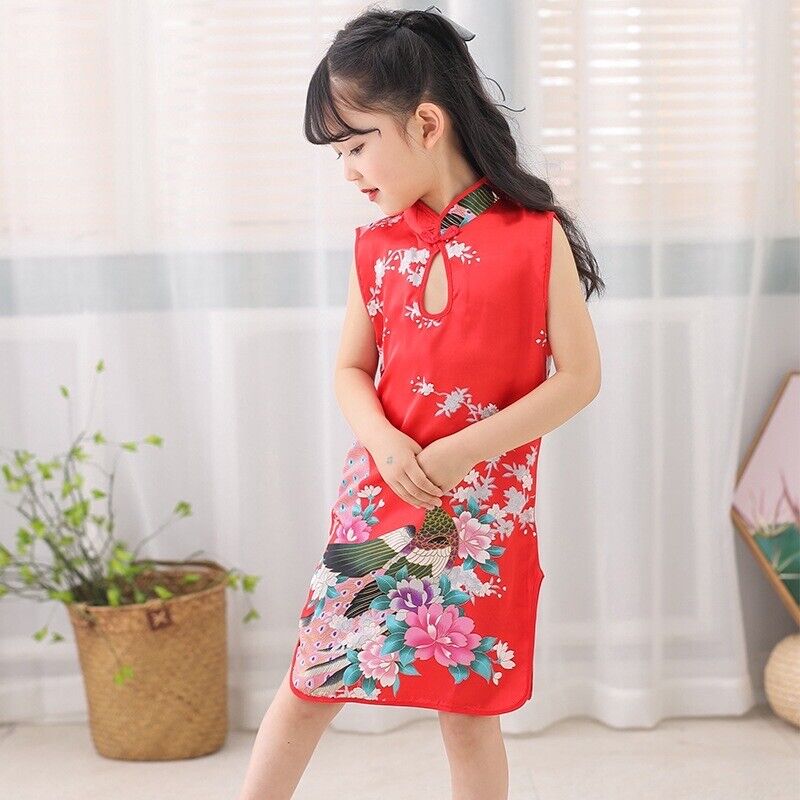 Chinese Childrens Girls China Red Oriental Peacock Qipao Cheongsam Dress gcd11