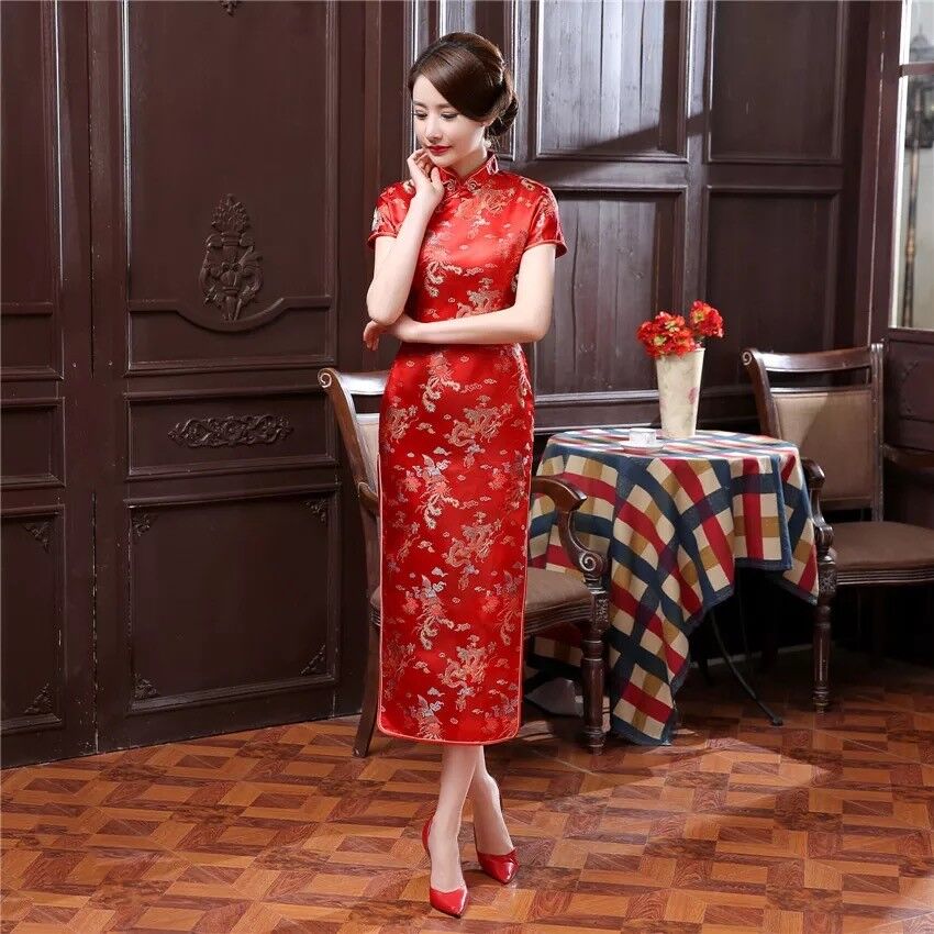 Luxurious Red Satin Dragon Phoenix Chinese Long Dress Cheongsam Qipao lcdress54