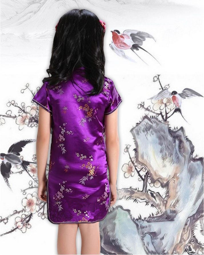 Chinese Oriental Childrens Girls Flower Purple Satin Qipao Cheongsam Dress gcd6