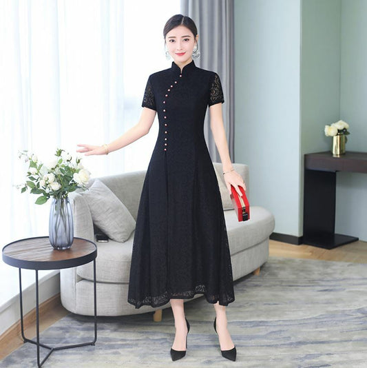 New Luxurious Elegant Black Lace Chinese Long Dress Cheongsam Qipao lcdress77