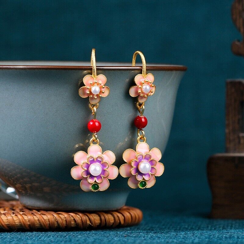 New Chinese Opulent Blossom Cloisonné Earrings with Jade and Coral Accents