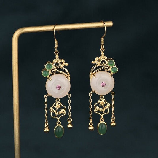 Chinese Gold Plated Phoenix Jade Earrings with Pink Diamond & Green Jade Accents