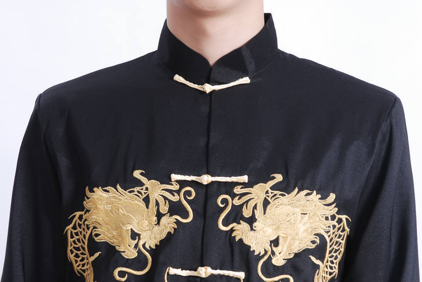 Chinese Oriental Mens Kung Fu Satin Black Golden Dragon Top Long Shirt cmssh16