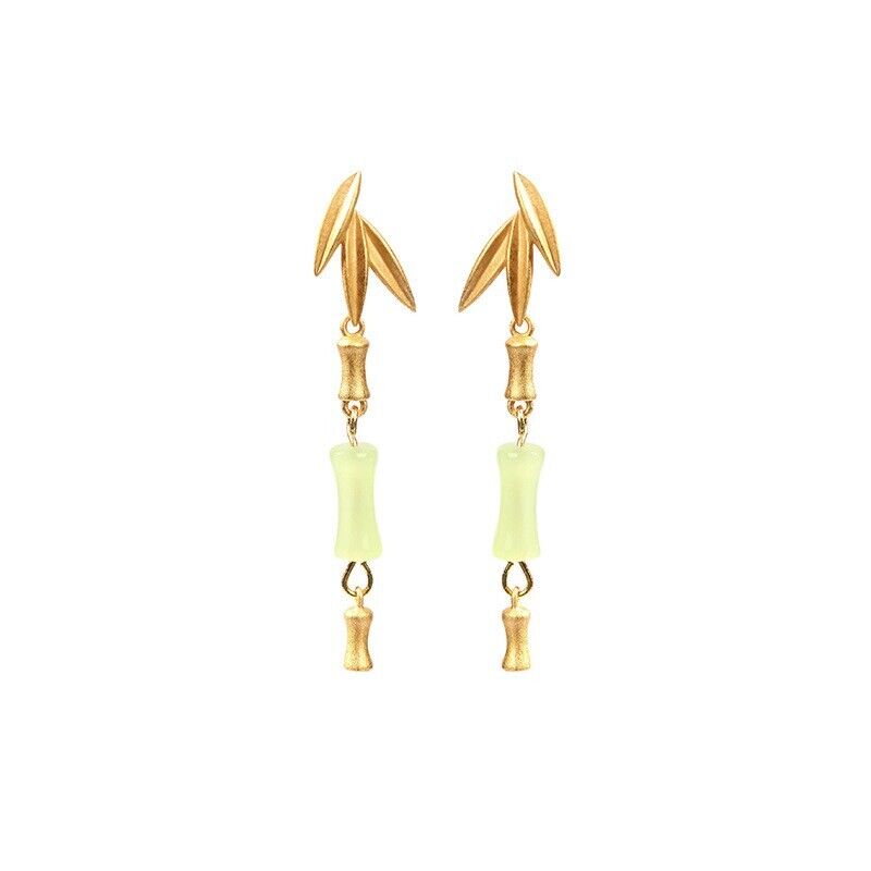 New Ladies Chinese Green Jade Bamboo Style Gold-plated Leaves Dangling Earrings