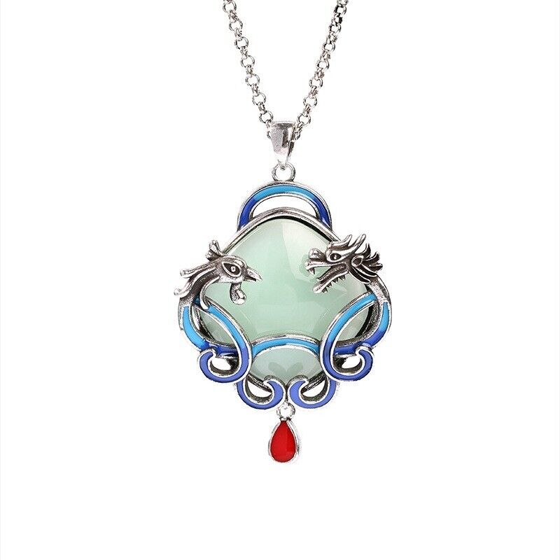 Chinese Retro Silver Plated Dragon & Phoenix Enamel Jade Peace Pendant Necklace