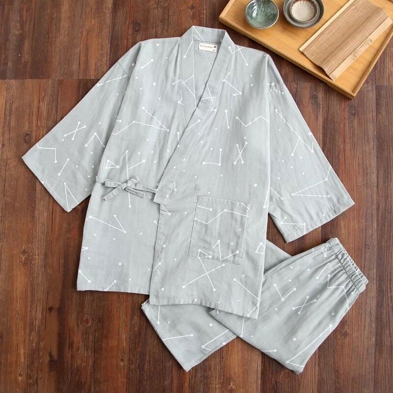 Chinese Japanese Mens Grey Constellation Lines Kung Fu Kimono Pyjamas menpjs35