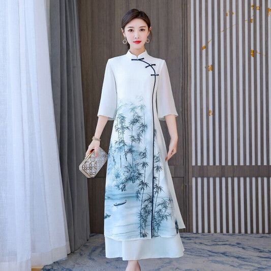 New Ao Dai Style Chinese Scenery Prints White Chiffon Long Cheongsam Qipao Dress