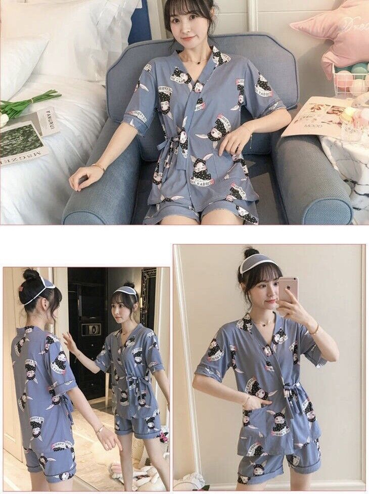 Blue Chinese Japanese Cute Rabbits Cotton Short Ladies Kimono Pyjamas ladpj374