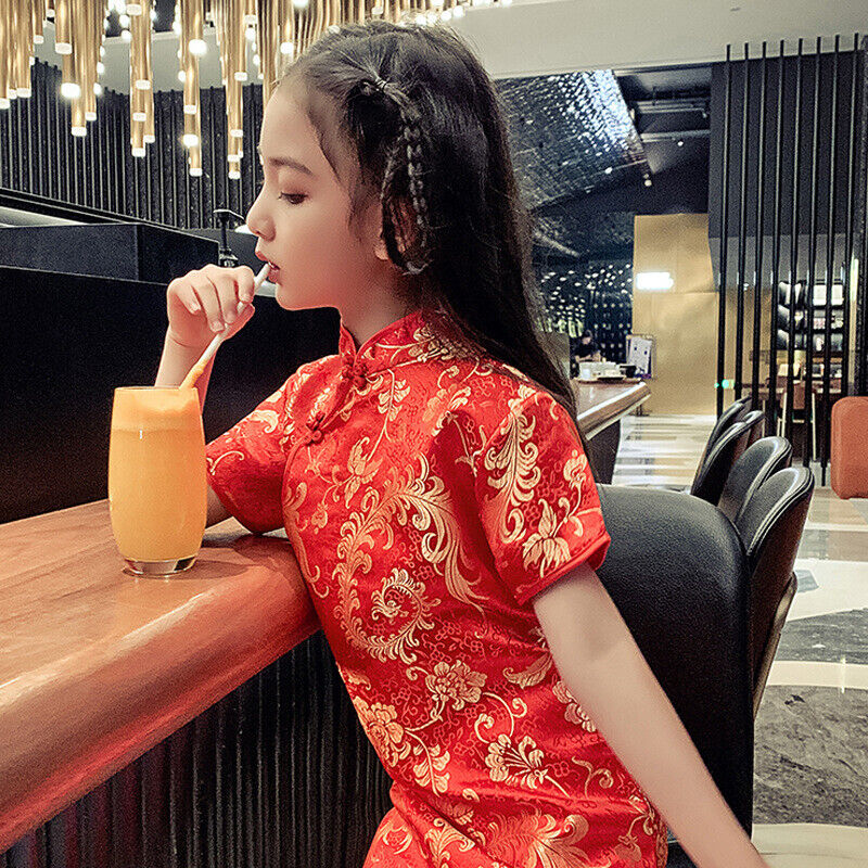 New Chinese Childrens Girls Red Phenix Flowers Qipao Cheongsam Dress gcd18