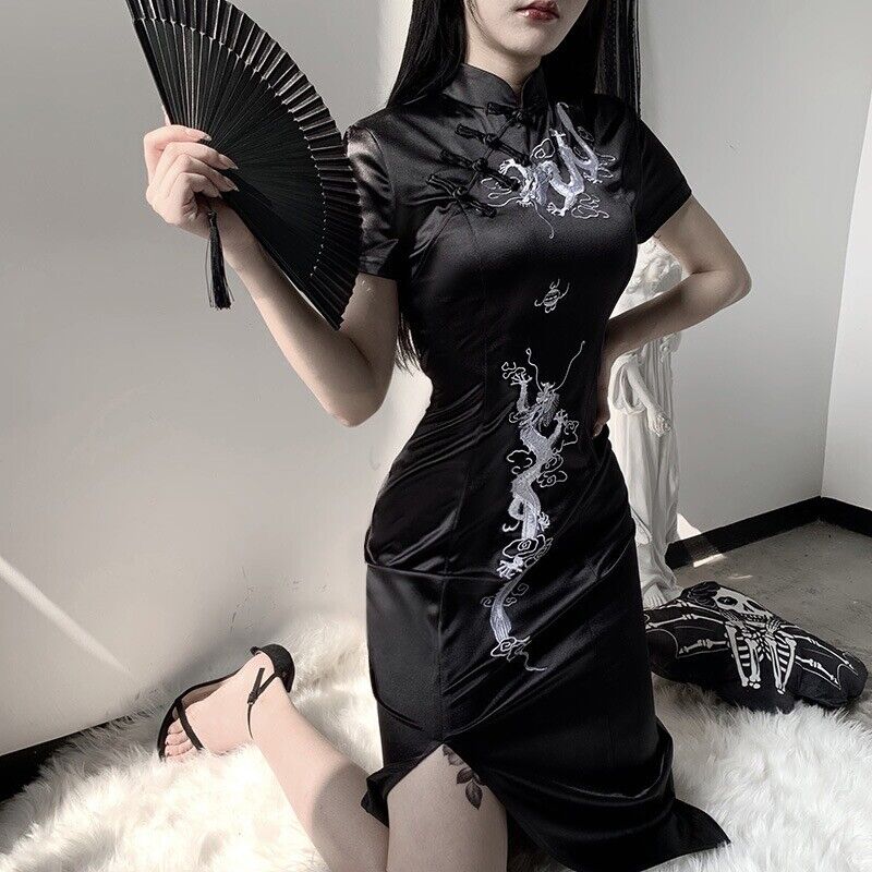 Luxurious Chinese Black Satin Long Dragon Cheongsam Qipao Dress lcdress155